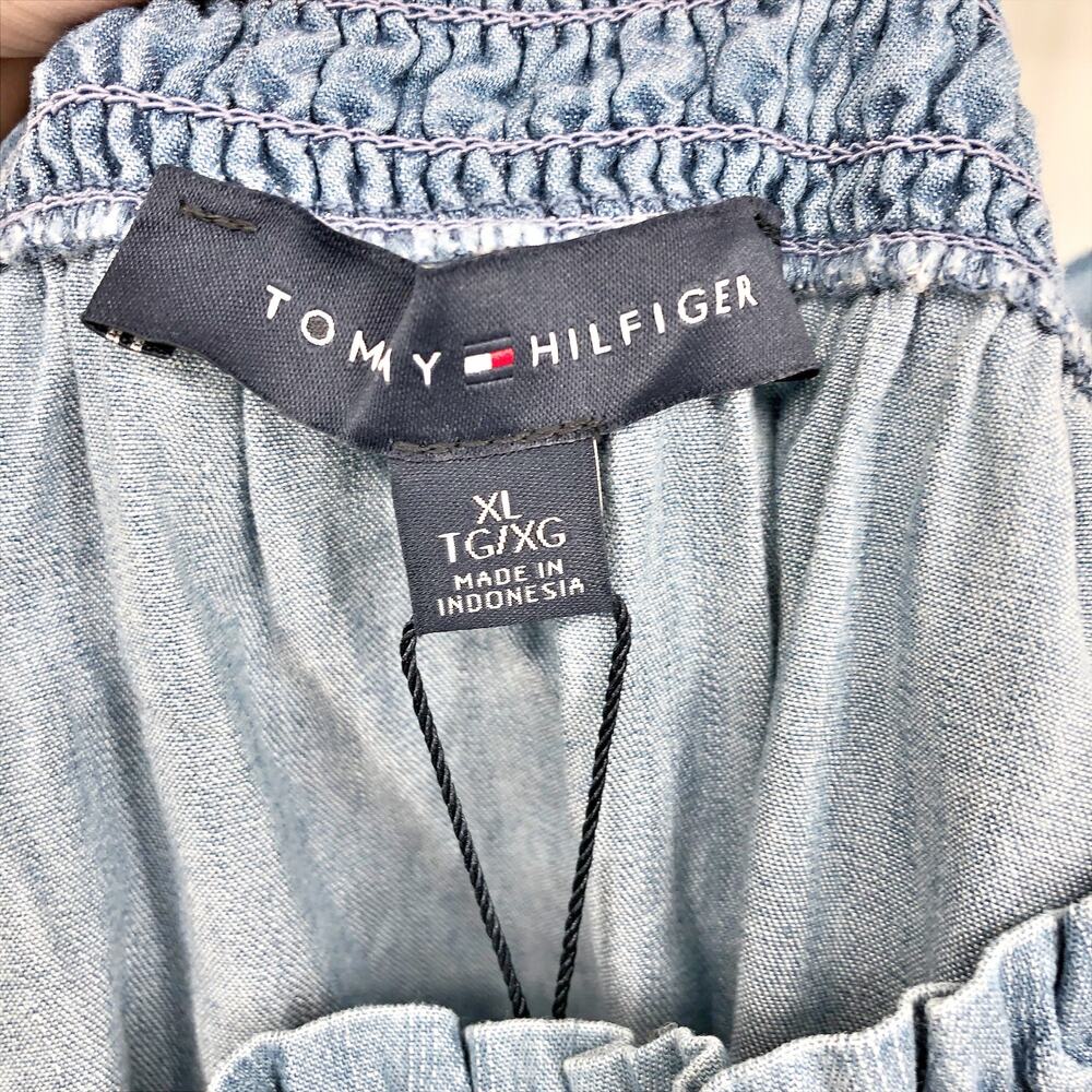 Tommy Hilfiger Womens Chambray Tank Top XL Blue Shoulder Tie Ruffle Smocking NWT - Picture 8 of 12